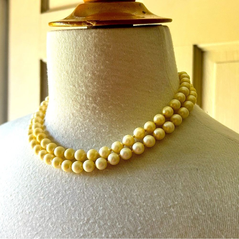 Vintage Double Strand Hand Tied Faux Pearl Necklace with Rhinestone Clasp